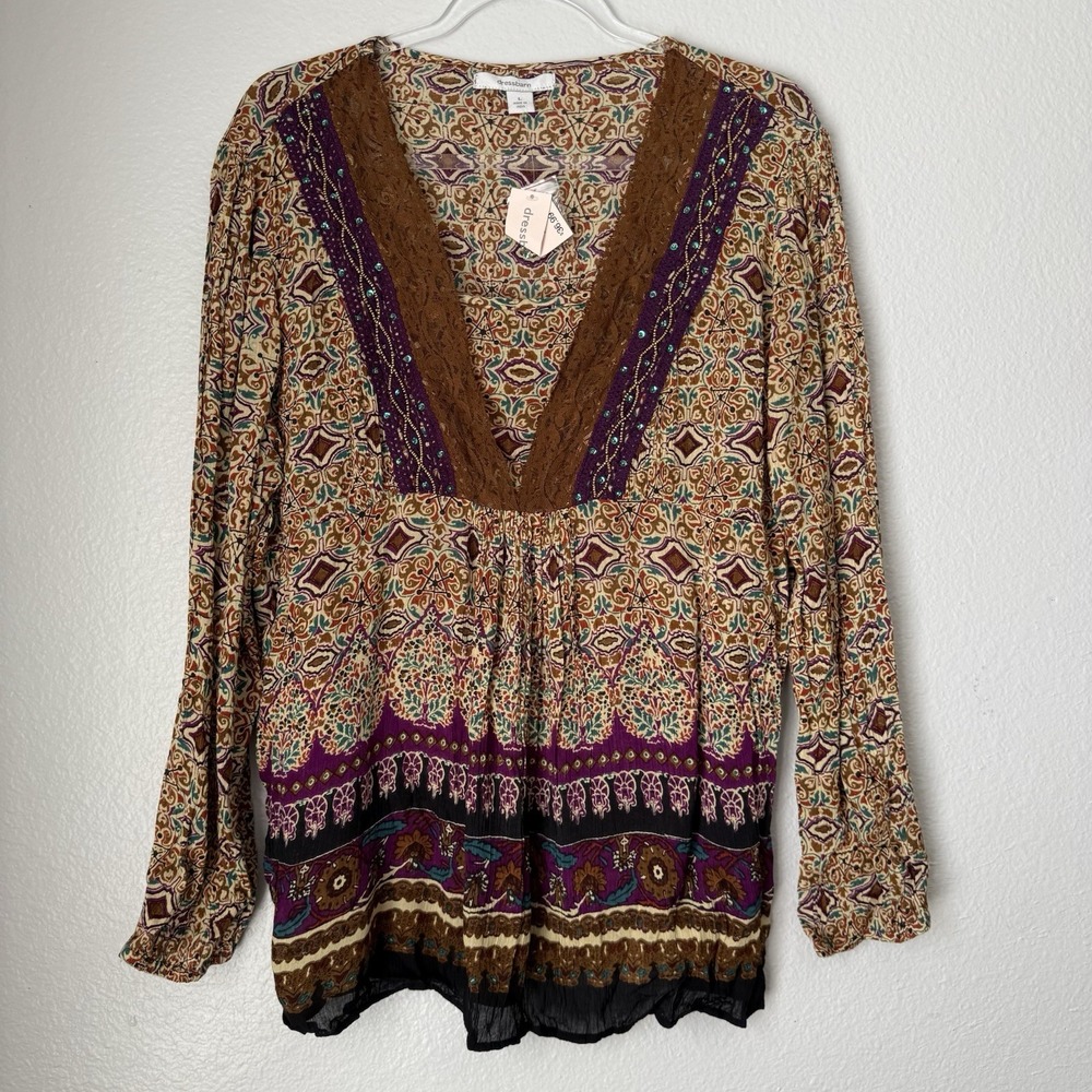 Dressbarn Brown multicolor pleated Lace Top Tunic Large BOHO Hippie Festival NEW